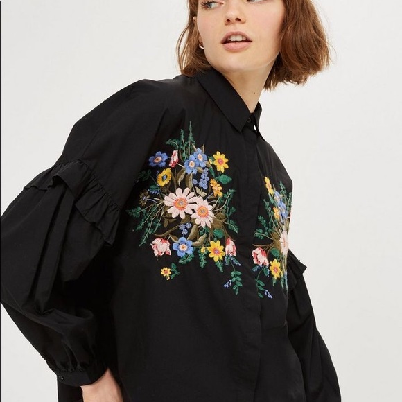 Topshop Tops - TopShop Forest Floral Embroidered Shirt